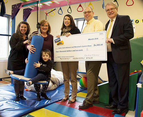 Pictured (l-r): Alesia Griffith, Easterseals Clinical Coordinator; Janet O’Brien, Easterseals Occupational Therapist; Keegan George, Easterseals Children’s Therapy participant; Kim Nechay, Executive Director of the Perdue Foundation; Ed Welch, Perdue employee; and Kenan Sklenar, Easterseals President/CEO.