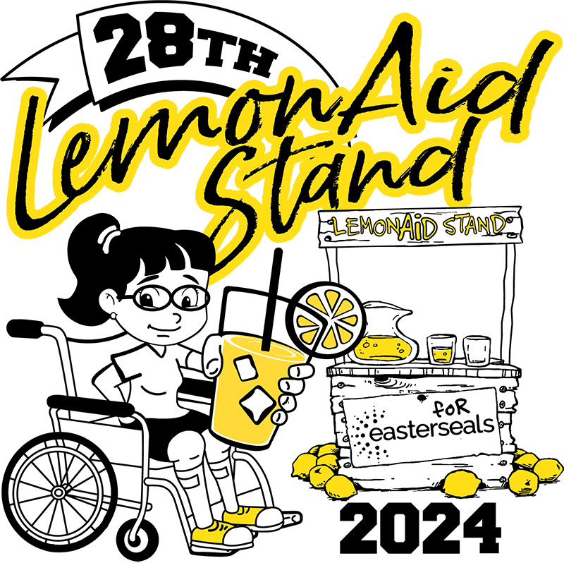 a drawing of cartoon girl using a wheelchair and holding a glass of yellow lemonade in front of a lemonade stand