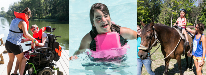 3 images: one of a person in a wheelchair wearing a lifejacket, one shows a girl with a disability swimming, and another with someone with a disability riding a horse
