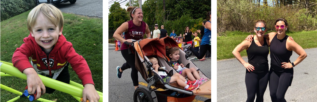 Collage of photos: a young boy, a woman running with two children in a stroller, two women runners
