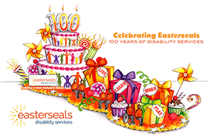 An illustration of the 2019 Easterseals Rose Bowl float featuring a cake and presents made of flowers
