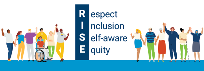 graphic illustration of diverse people holding hands around words RISE respect, inclusive, self-aware, equity