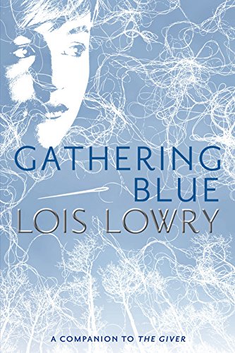 Gathering Blue cover, with a light blue background and a faded young woman's face 