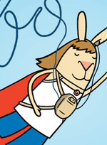 Cartoon bunny wearing a T shirt and a hearing aid, she looks like she is flying, wearing a cape
