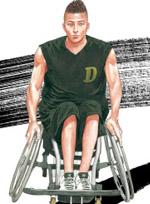 Man sits in a wheelchair, wearing a green basketball uniform