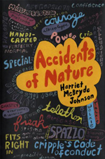 a book cover with ableist slurs written arround the central book title.
