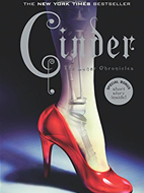 Cover of Cinder book, a leg with a red high heeled shoe, with a see through of the leg showing mechanical parts 