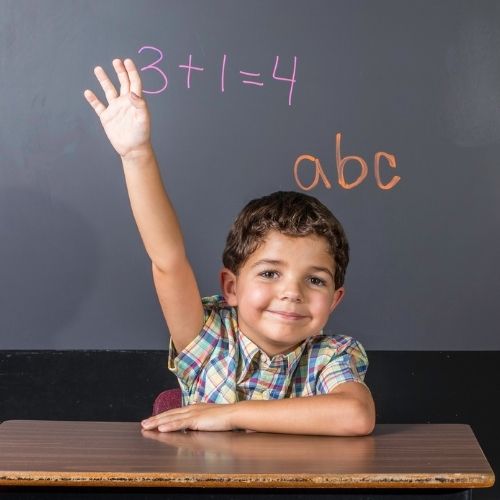 A child raises their hand in class
