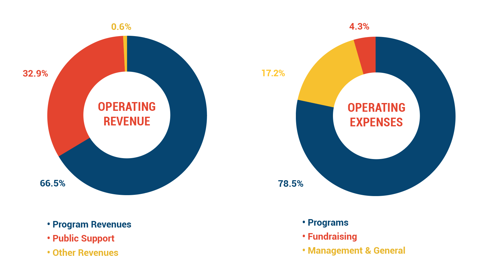 Operating Revenue: Program Revenues 66.5%; Public Support 32 9%; Other Revenues 0.6%; Operating Expenses: Programs 78.5%, Fundraising 4.3%, Management & General 17.2%