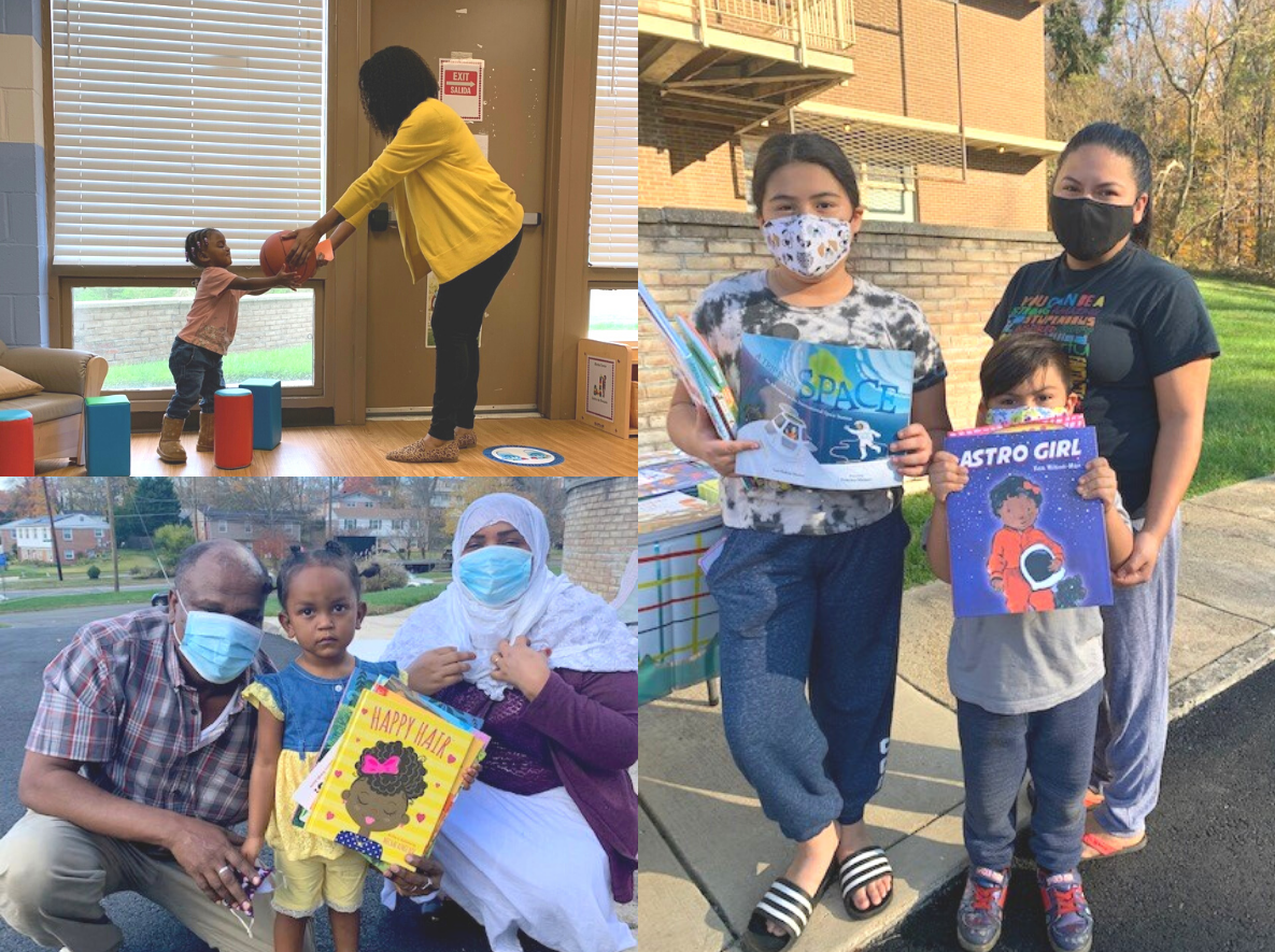 Photo collage of Head Start outdoor book fair and teacher passing a ball to a child.