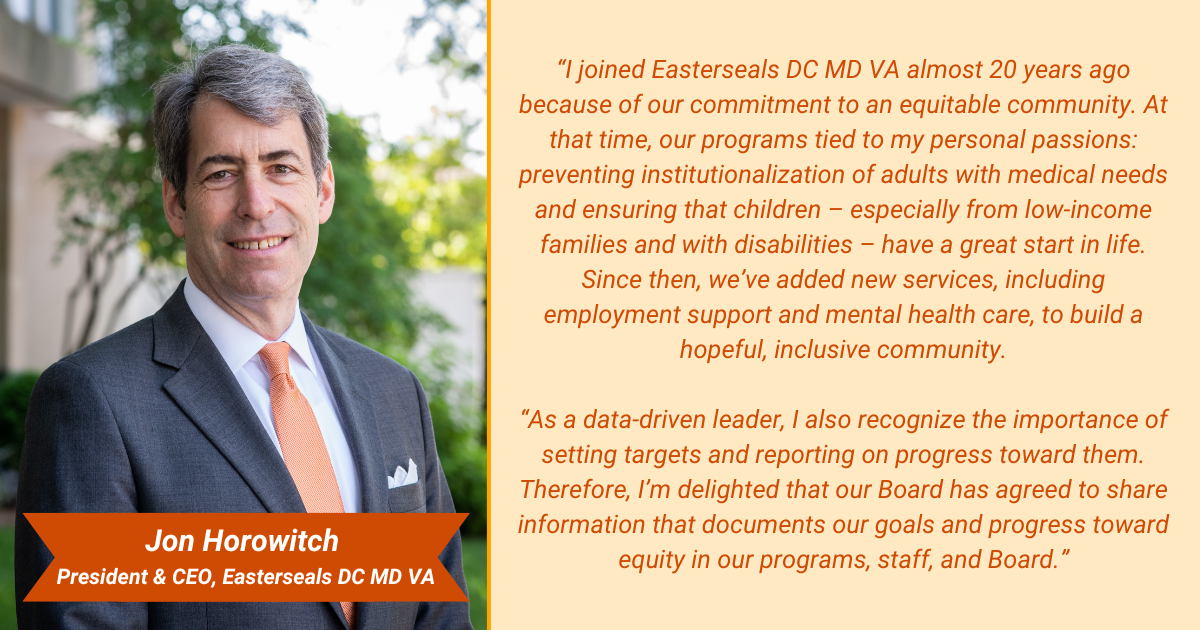 A photo of Easterseals DC MD VA President & CEO Jon Horowitch, accompanies a quote by him, "I joined Easterseals DC MD VA almost 20 years ago because of our commitment to an equitable community. At that time, our programs tied to my personal passions: preventing institutionalization of adults with medical needs and ensuring that children – especially from low-income families and with disabilities – have a great start in life. Since then, we’ve added new services, including employment support and mental health care, to build a hopeful, inclusive community.     “As a data-driven leader, I also recognize the importance of setting targets and reporting on progress toward them. Therefore, I’m delighted that our Board has agreed to share information that documents our goals and progress toward equity in our programs, staff, and Board."