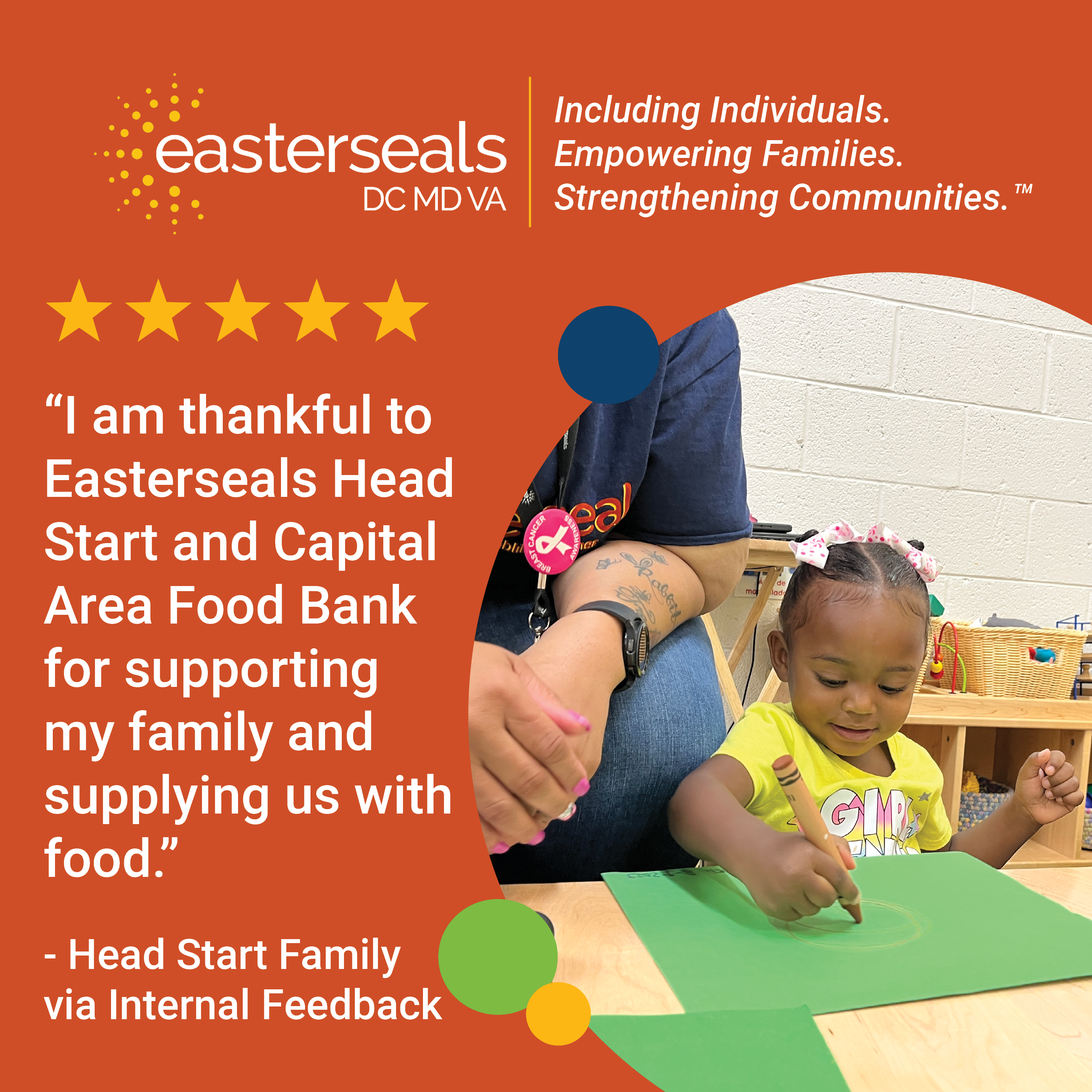 5 stars: “I am thankful to Easterseals Head Start and Capital Area Food Bank for supporting my family and supplying us with food.” - Head Start Family  via Internal Feedback