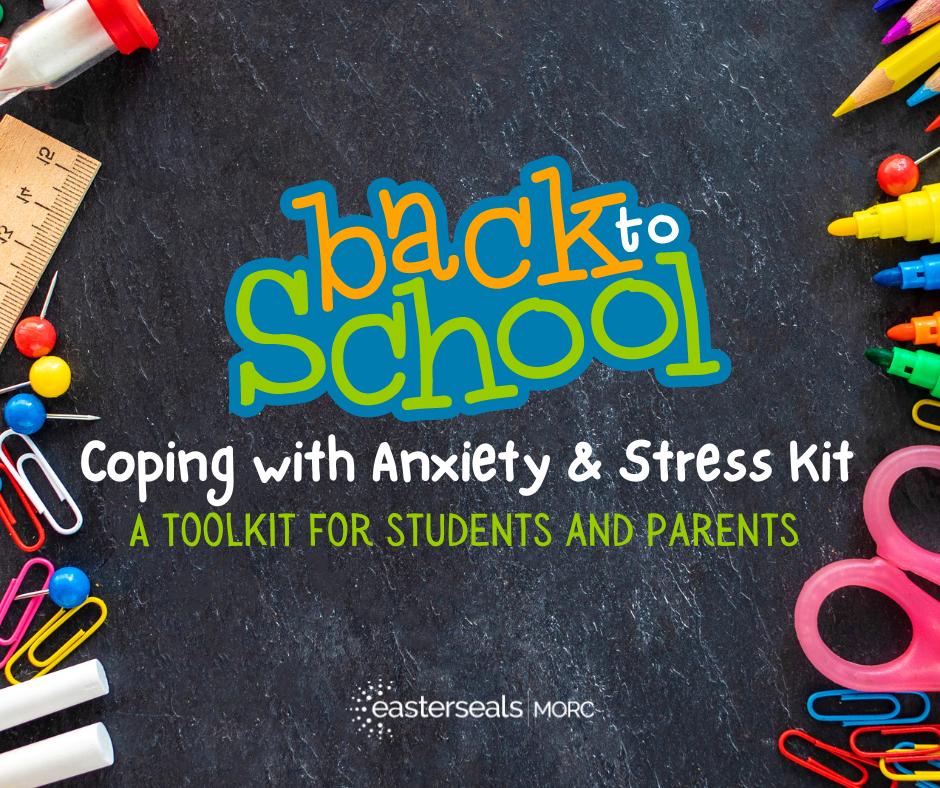 chalkboard background with school supplies and tex reading 