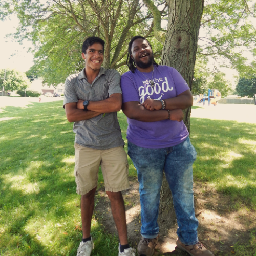 two males, Gabe and Certified Peer Support Specialist, Jalen joking with each other