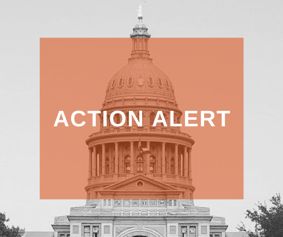 Image: A red box with the text “ACTION ALERT” in front of a black and white Texas State Capitol