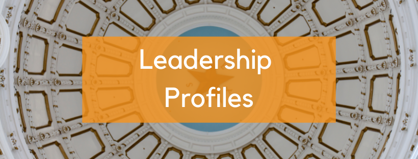 Image: “Leadership Profiles” in white text in an orange box. In the background, a photo of the domed ceiling of the Capitol building taken from underneath the dome.