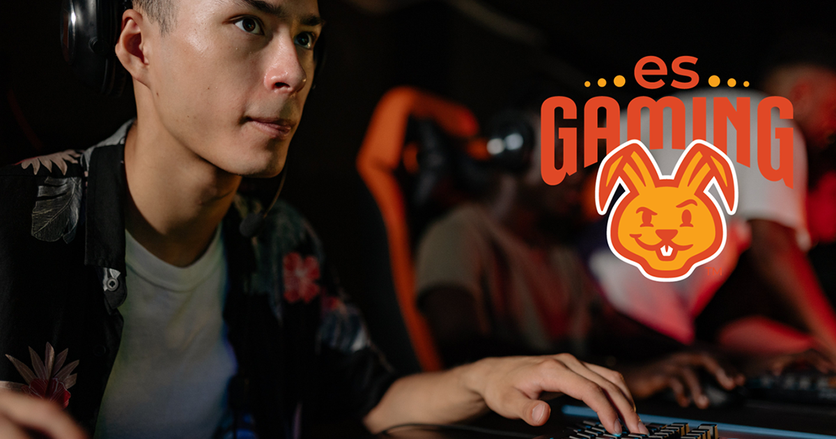 Image of a young man focusing on a computer screen. The logo "ES Gaming" appears in yellow and red, for Easterseals Lonestars Esports League.