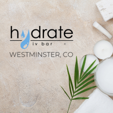 a spa like background and the hydrate IV bar westminster logo