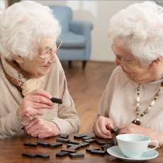 two older women play dominoes together at a table