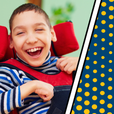 a photo of a boy in a wheelchair, he is smiling. a blue and yellow dotted graphic is to the right of him