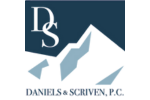 Blue and white logo for Daniels & Scriven, P.C., mountain graphic above their names. 