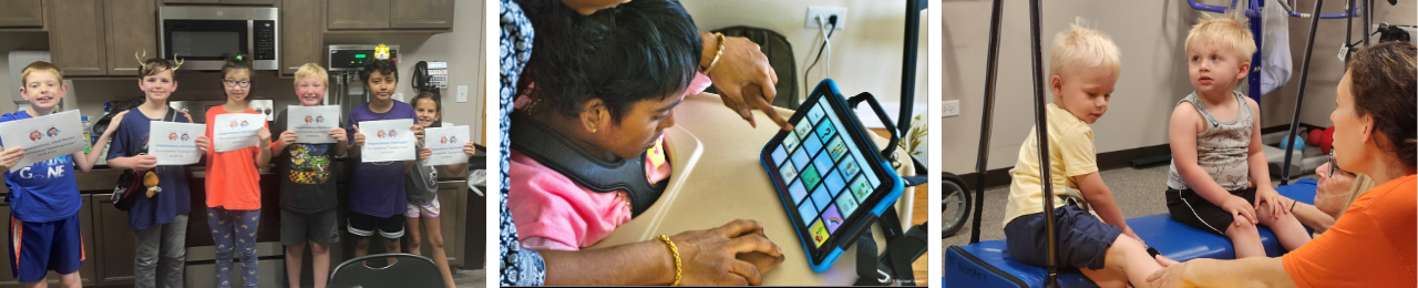 Children climbing on mats or with AAC device