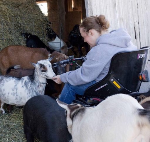 Renae tending to goats on her farm while using her Zoom accessibilty device