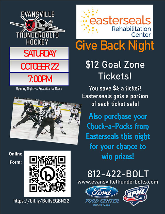 Evansville Thunderbolts Hockey flyer for Oct. 22, 2022 game