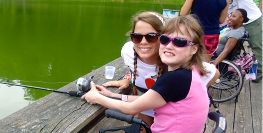 Two girls fishing at camp