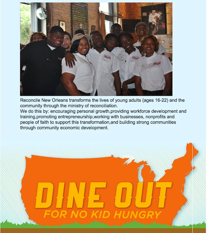 Dine Out with Cafe Reconcile and Easter Seals Louisians for the No Kid Hungry campaign!