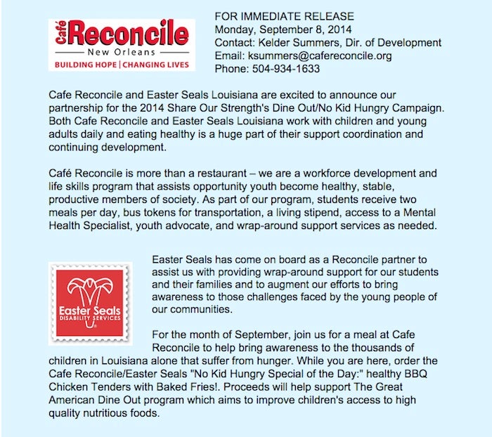 Dine Out with Cafe Reconcile and Easter Seals Louisians for the No Kid Hungry campaign!