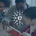 1 black male, 1 young asian male, and 1 black female in a library looking at a book together. There is a blue overlay of the image with the letter E and burst graphics around it.