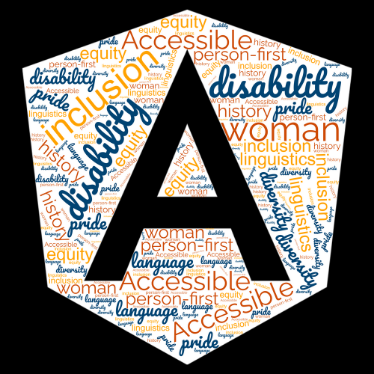 A large capital letter A with a wordcloud of various terms related to disability within the A