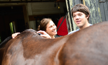 a staff member stands with a horse and a client