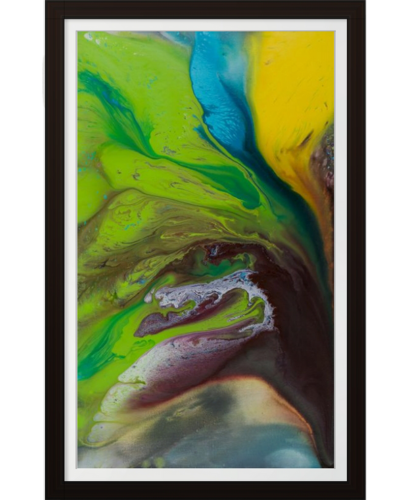 framed abstract artwork with flowing greens, yellows, blues, and browns