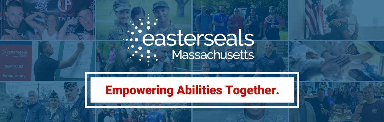 The text "Empowering abilities together" overlays a collage of photos of veterans, veterans group outings, & volunteers