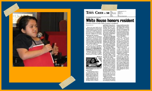 On Left: Photo of Sandy Ho speaking into a microphone. On right: Snapshot of newspaper clipping featuring Sandy Ho