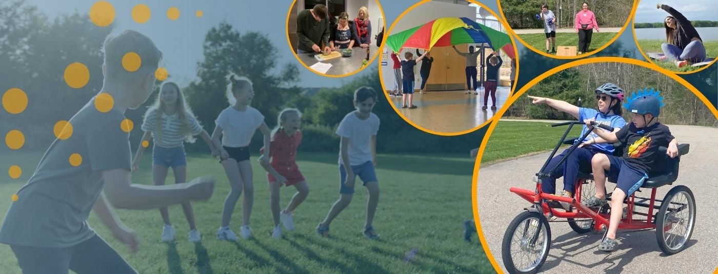 Children playing, woman doing yoga, children cooking, 