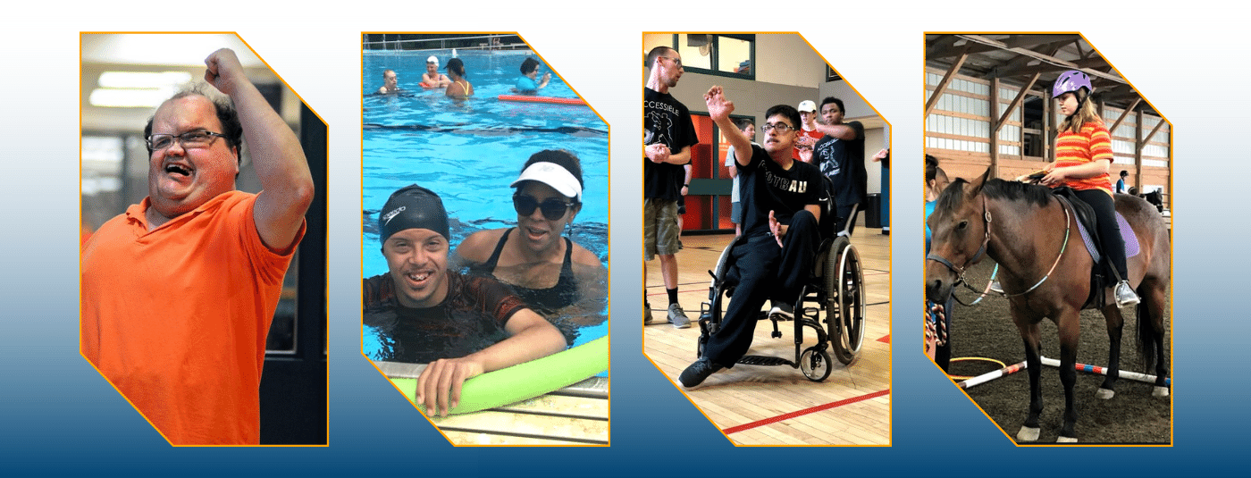 images: a man does martial arts, a boy takes swimming lessons, a boy in a wheelchair does a stretch, and a young girl rides a horse.