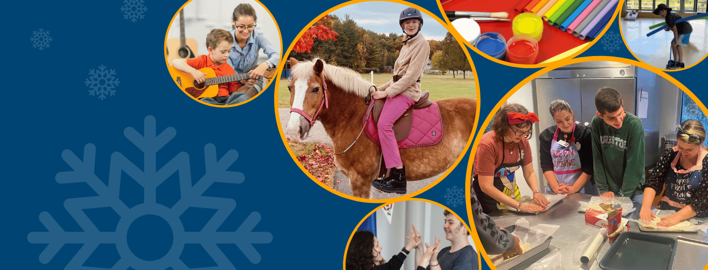 a collage of photos of children and adults participating in recreation activities including cooking, art, music lessons, playing, and equine-assisted programs