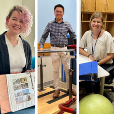 three rehabilitation services staff members smile while at their workplace