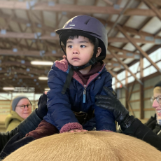 Jeremy uses hippotherapy as a tool. he is riding a horse backwards with three adults standing around him