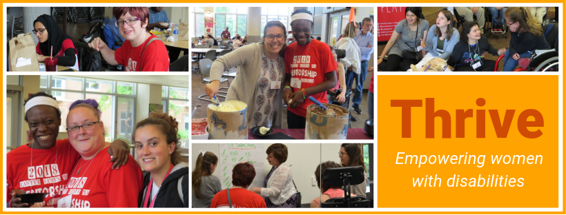 Collage of images of young women from Thrive at mentorship retreat, including them smiling, talking, eating lunch