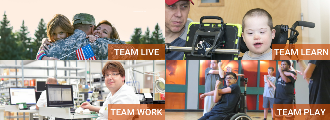 4 photos sit beside each other: a male veteran hugging his family, a man in a wheelchair at work, a young boy with a disability using AAC, and a group of young men with disabilities participating in Accessible Martial Arts