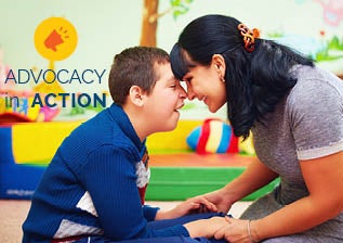 Applied Behavior Analyst and child with disability/autism working together with text Advocacy in Action