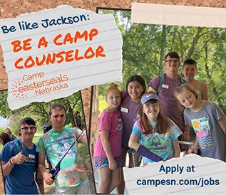 Job ad featuring camp counselors and participants