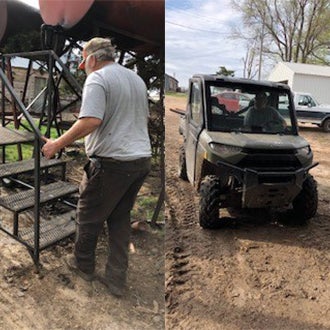 on left wendell using assistive stairs, on right wendell driving truck