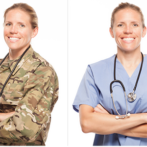 Veteran in her military uniform, next to herself in her medical scrubs/uniform
