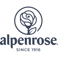 Navy logo for Alpenrose Dairy. Text reads "Alpenrose since 1916" below a navy stencil of a rose in a circle.