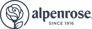 Logo for Alpenrose Dairy - Navy text reads "Alpenrose since 1916." Logo is a stencil of a rose in matching navy to the text.
